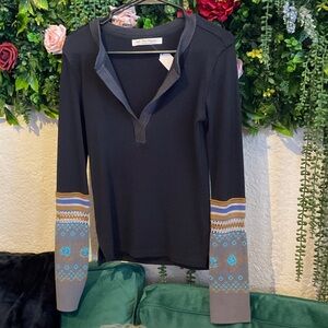 We The Free Black Long-Sleeve Henley with Patterned Cuffs